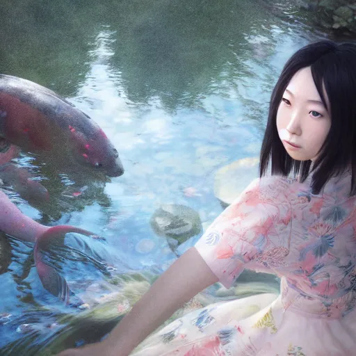 Image similar to portrait of a young japanese woman looking at koi fish in a pond, dim volumetric lighting, 8 k octane beautifully detailed render, post - processing, extremely hyper - detailed, intricate, epic composition, cinematic lighting, masterpiece, trending on artstation, detailed detailed detailed, stunning art by anders zorn, wonderful masterpiece by greg rutkowski, beautiful cinematic light