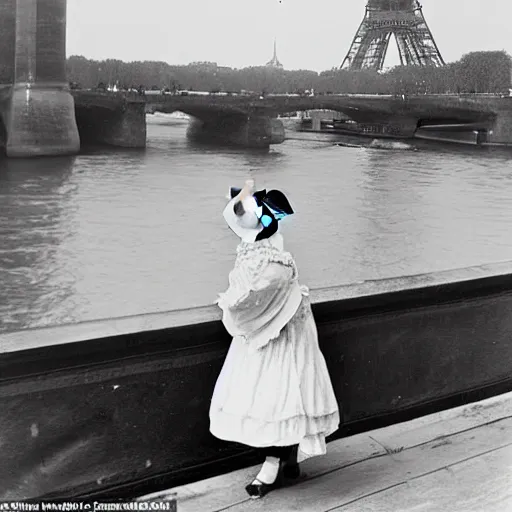 Prompt: a guinea pig wearing a victorian dress stands on a bridge over a river in Paris, vintage black and white photograph