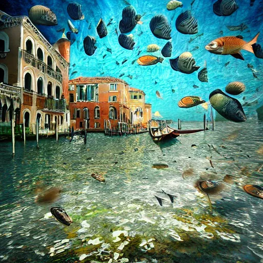 Prompt: underwater Venice, with fish people living in it, beautiful background, digital art