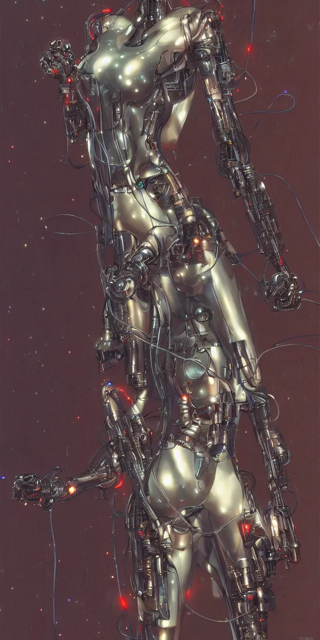 Image similar to beauty Blade Runner woman, robotic, cyberpunk, lots of cables and wiring, electrical details, neon laser eyes, trending on artstation, by Hajime Sorayama and Boris Vallejo