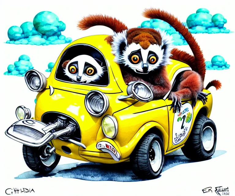 Image similar to cute and funny, lemur wearing a helmet riding in a tiny hot rod with oversized engine, ratfink style by ed roth, centered award winning watercolor pen illustration, isometric illustration by chihiro iwasaki, edited by range murata, tiny details by artgerm, symmetrically isometrically centered