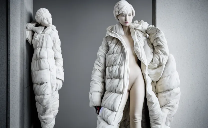 Image similar to well lit fashion shoot portrait of extremely beautiful female marble statue wearing huge over size puffer jacket by dingyun zhang, yeezy, balenciaga, vetements, a cold wall, sharp focus, clear, detailed,, cinematic, detailed, off white, glamourous, symmetrical, vogue, editorial, fashion, magazine shoot, glossy