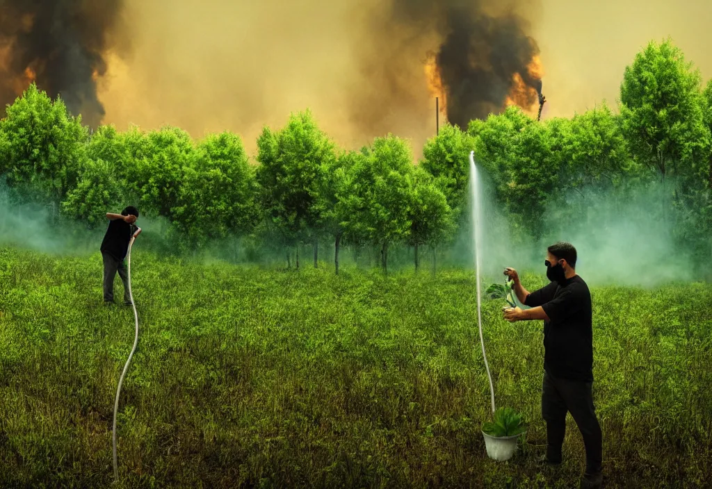 Image similar to a man watering the last plant on earth as the world burns, green leaves, apocalyptic background, smoke, doomsday art