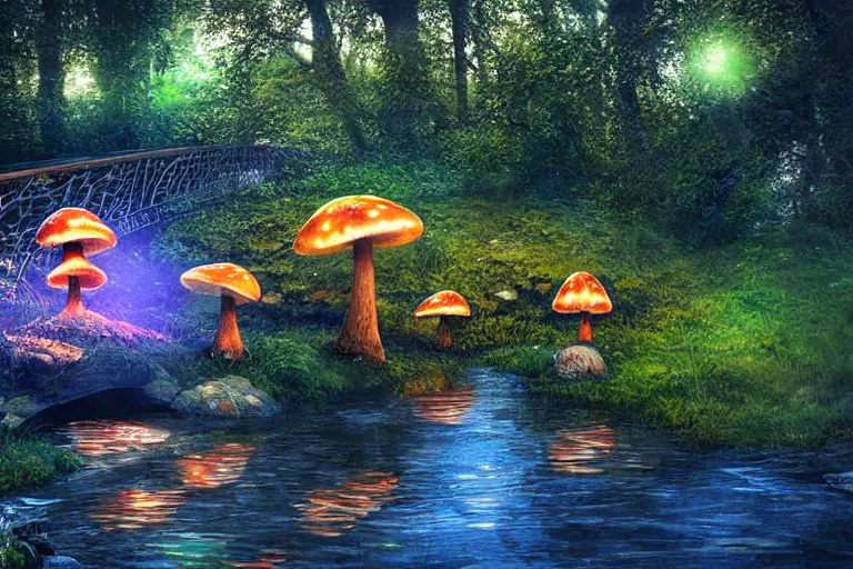 Image similar to giant glowing mushrooms next to a small bridge, flowing water, digital art, scenic,