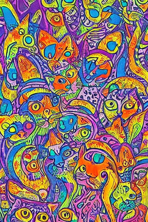 Image similar to Psychedelic cats in the style of Louis Wain