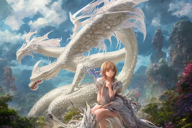 Image similar to the beautiful hyper detailed big scene render that a beautiful girl sitting on the back of a huge silver white dragon alone in fairyland surrounded by white clouds, finely detailed angelic face delicate features, style of studio ghibli, makoto shinkai, artgerm, karol bak, kazuki tanahashi, james jean, ross tran, xision, ultra wide angle