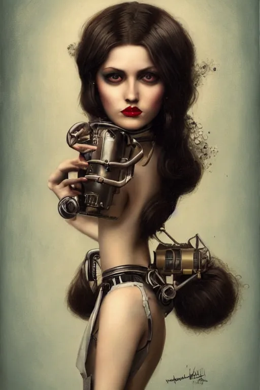 Image similar to Atompunk portrait of a beautiful female dollpunk with thin lustrous hair wearing a full bodysuit, focus, detailed, realistic eyes, symmetric body features proportions, intricate details, award winning, by Tom Bagshaw