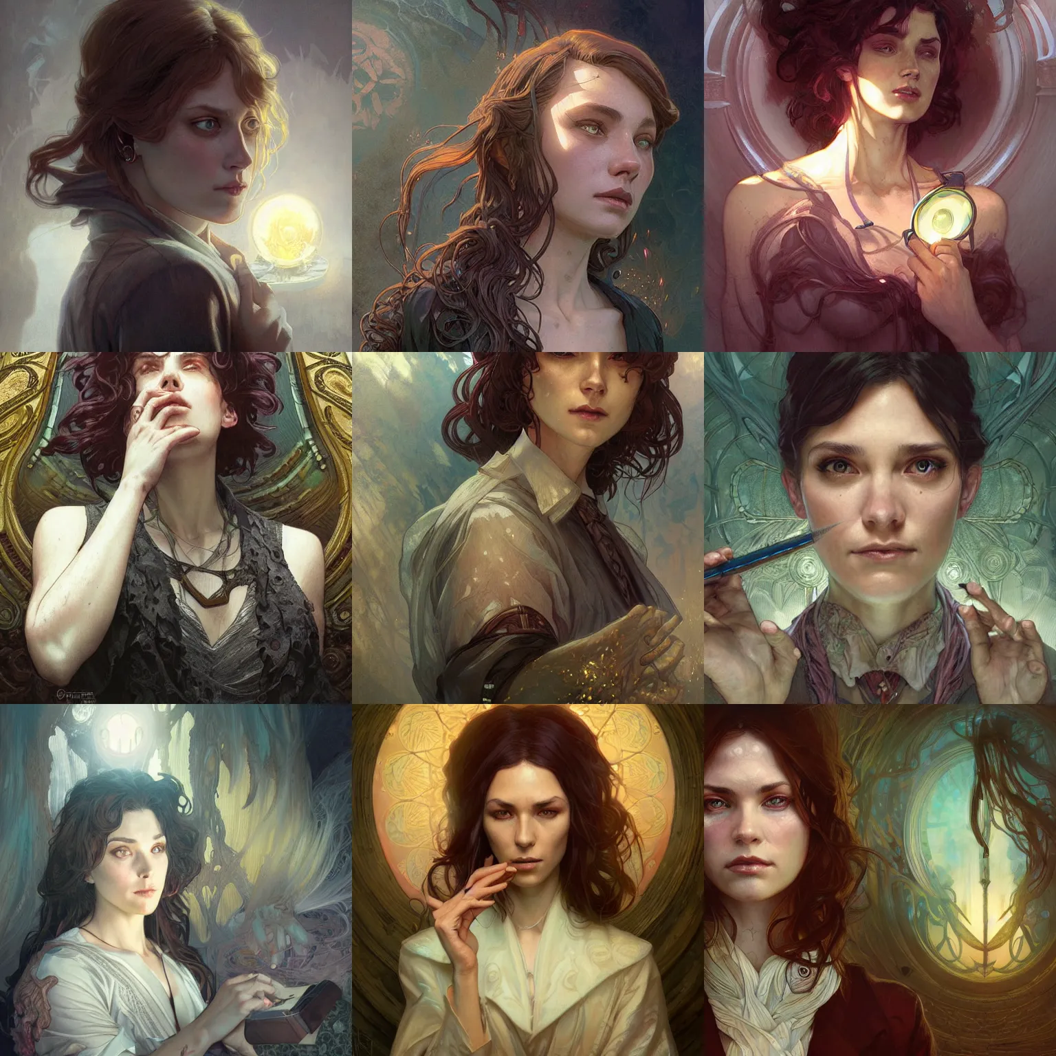 Prompt: Female parapsychologist, gaze, Call of Cthulhu, closeup, highly detailed, digital illustration, art by Artgerm and Greg Rutkowski and Alphonse Mucha