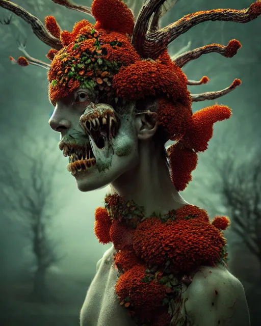 Image similar to a disturbing horror photograph of an amazing fantasy creature made out of nature and flowers and fungus, intricate, hyperrealism, sharp focus, cinematography, highly detailed, octane render, digital horror artwork, matte, photography by professional photographer