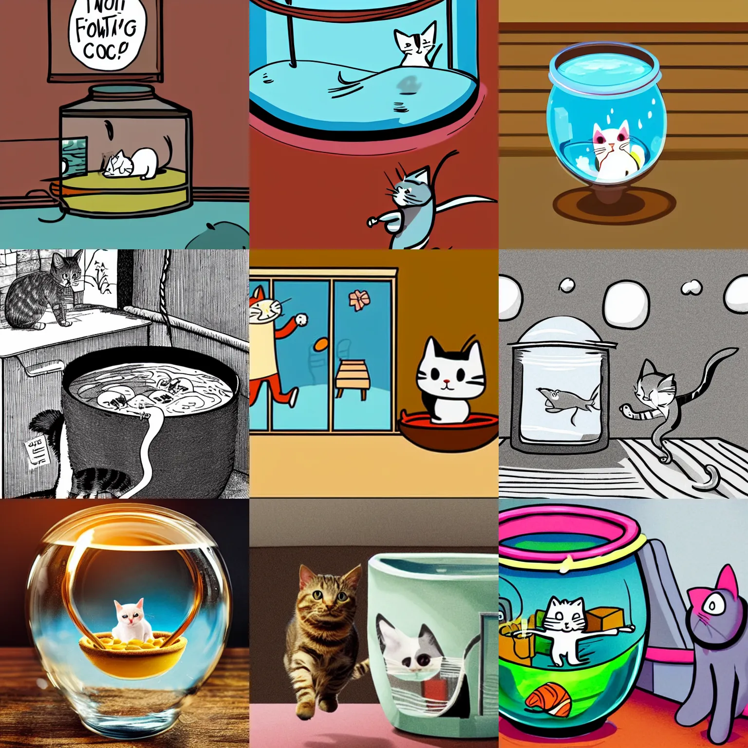 Prompt: a cartoon cat running for the fish bowl inside a cozy home