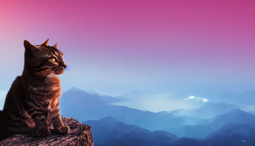 Image similar to a cat standing on the peak of a mountain range, looking far, digital art, epic lighting, epic composition, 4 k