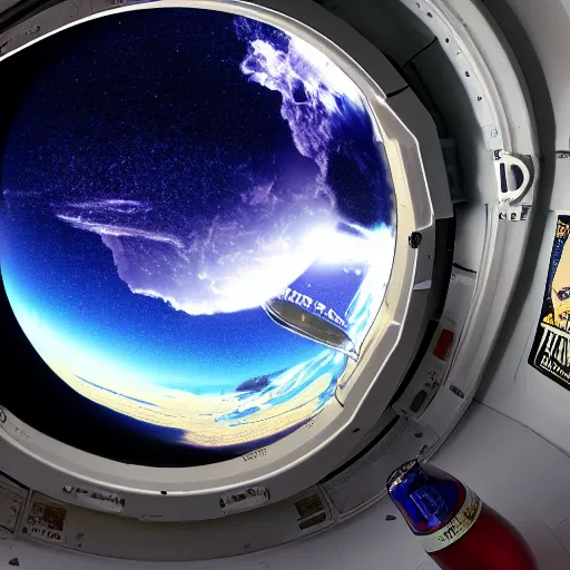 Image similar to Dr. Pepper bottle floating in space, viewed through the window of a spaceship