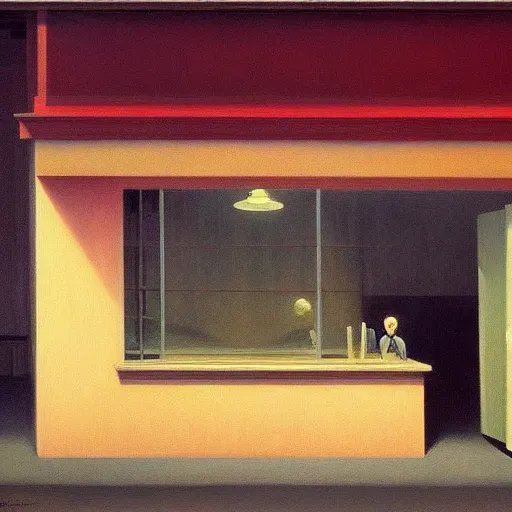 Image similar to An empty sad restaurant, Edward Hopper and James Gilleard, Zdzislaw Beksinski, Mark Ryden, Wolfgang Lettl highly detailed, hints of Yayoi Kasuma