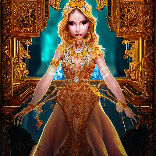 Image similar to portrait of pretty princess with perfect skin, glowing, ornate and intricate diamond jewelry, jaw dropping beauty, ornate and intricate backdrop, white accent lighting, hyper detailed, 4 k octane render