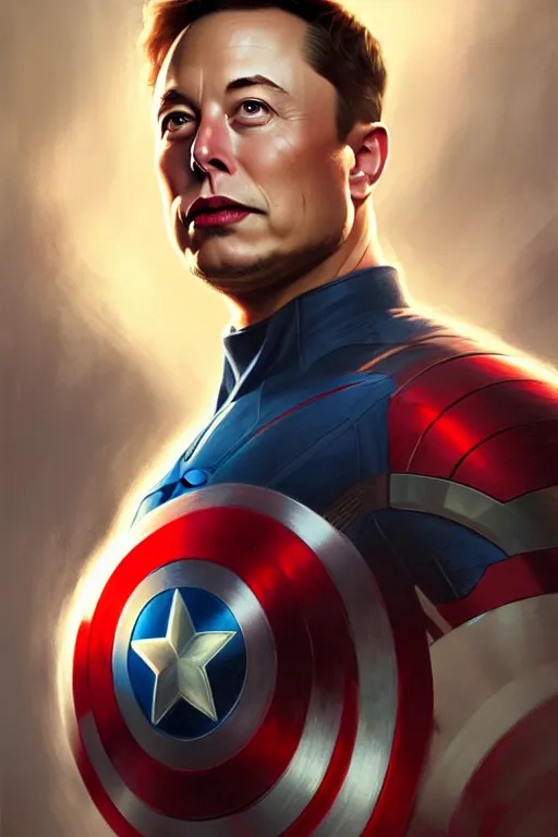 Image similar to elon musk as captain america, portrait, highly detailed, digital painting, artstation, concept art, smooth, sharp focus, illustration, cinematic lighting, art by artgerm and greg rutkowski and alphonse mucha