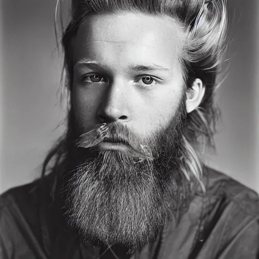 Image similar to 8k portrait photograph of 20 year old man named Carter Manson with long blond hair and red beard. Arnold Newman. Dramatic.