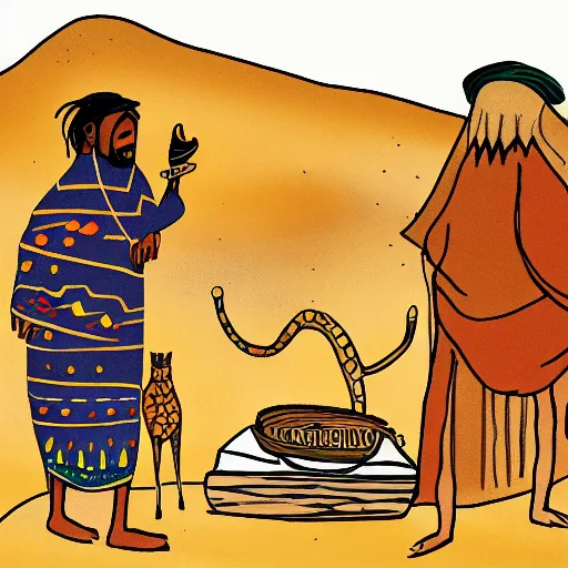 Prompt: bedouin in the desert, children book illustration