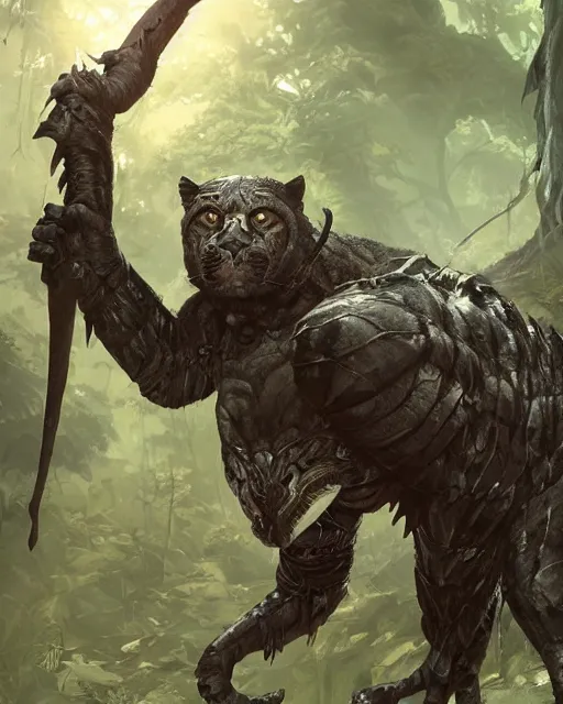 Image similar to Panther warrior in armor sneaking in jungle, portrait, dark fur, glowing eyes, magic the gathering artwork, D&D, fantasy, cinematic lighting, centered, symmetrical, highly detailed, digital painting, artstation, concept art, smooth, sharp focus, illustration, volumetric lighting, epic Composition, 8k, art by Akihiko Yoshida and Greg Rutkowski and Craig Mullins, oil painting, cgsociety