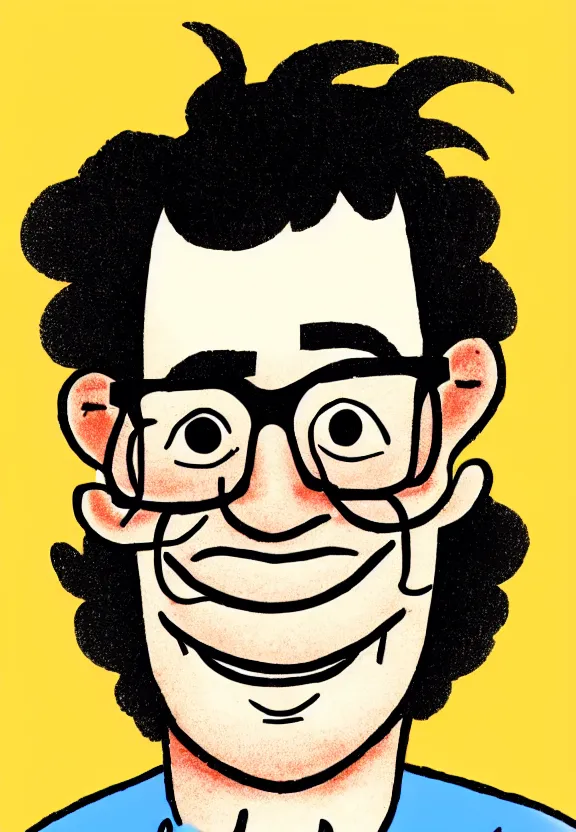 Prompt: a man with glasses and dark short curly hair smiling, illustration in the style of dr. suess