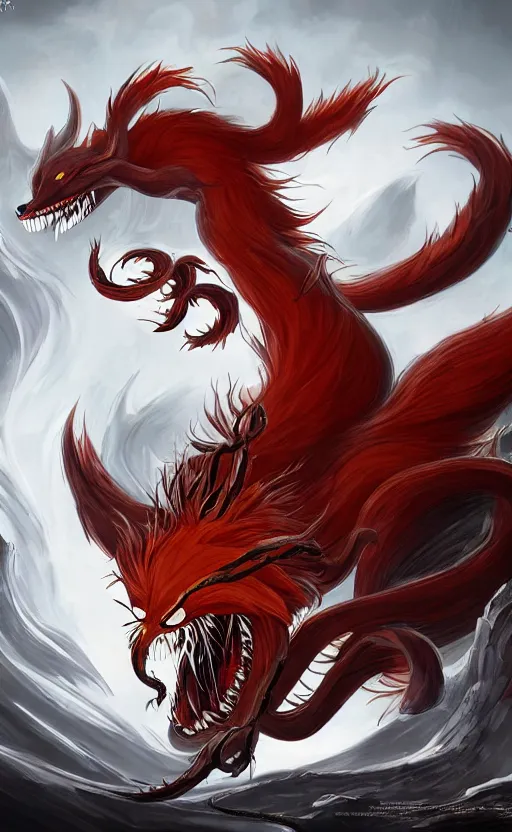 Image similar to venom as the nine tailed fox, kurama, dynamic lighting, photorealistic dark fantasy concept art, trending on art station, stunning visuals, creative, cinematic, ultra detailed