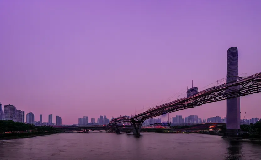 Image similar to a photo of wuhan, river, bridge, sunset, purple sky, cinematic, 8 k, highly - detailed