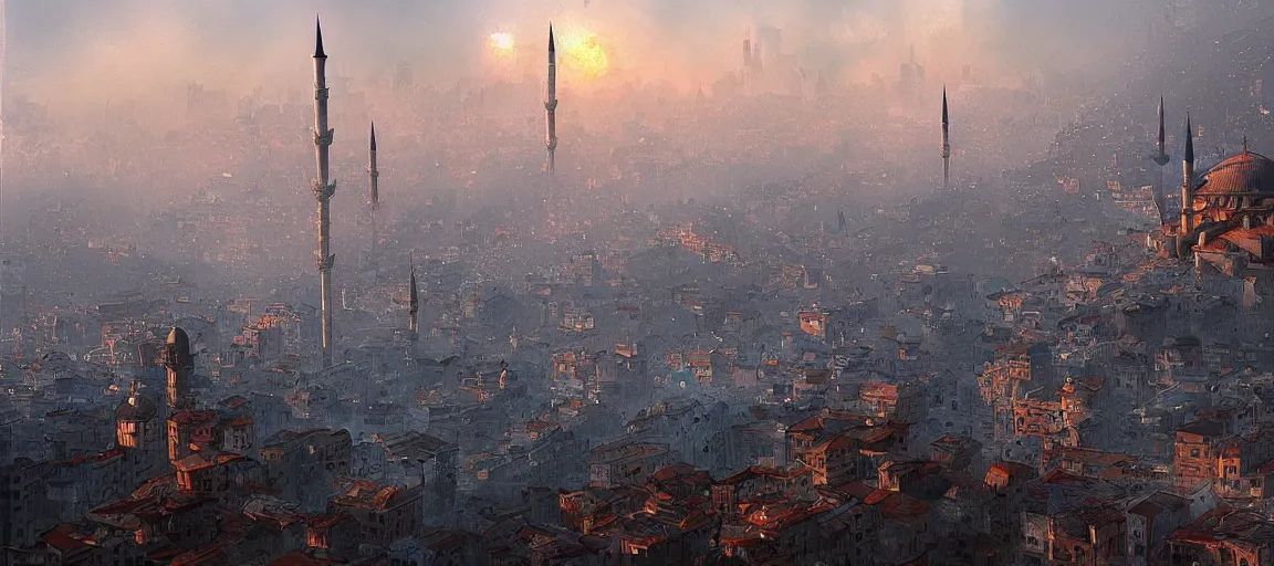 Prompt: istanbul!!, distopian, smog, blue ( ( light ) ), very detailed picture, by marc simonetti