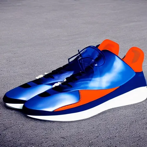 Prompt: futuristic blue and orange metallic sneakers based off bmw 8 i, insanely integrate, award winning photo for fashion magazine, studio light