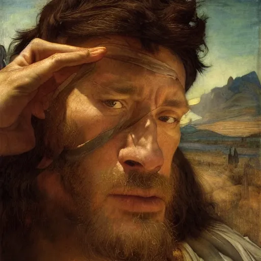 Prompt: an agonized prophet looks skyward for grace, old testament, by edgar maxence and caravaggio and michael whelan and delacroix style, artistic, intricate drawing, light brazen, realistic fantasy, extremely detailed and beautiful aesthetic face, establishing shot, 8 k resolution, dramatic lighting