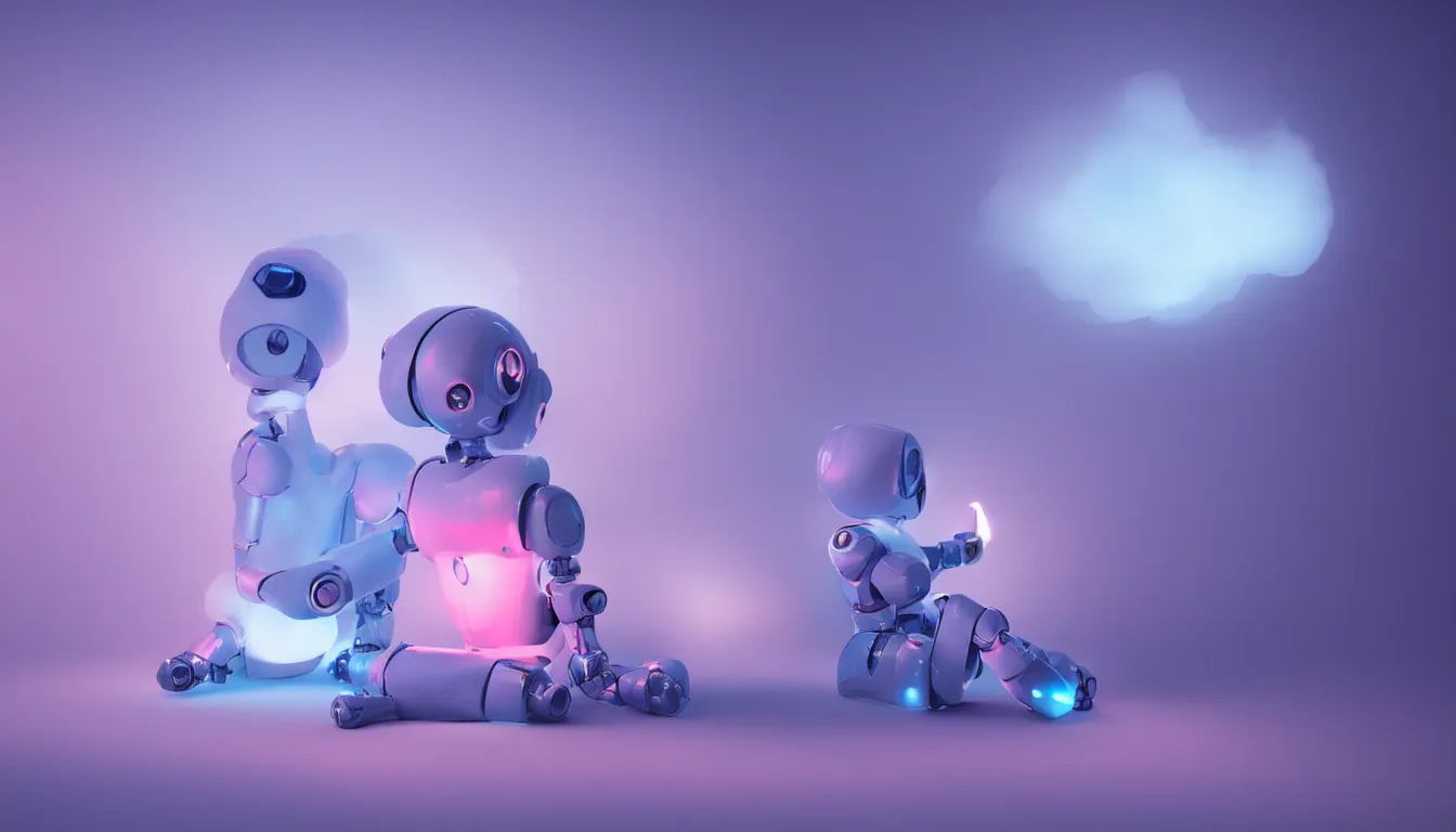 Prompt: a cute robot sitting on a cloud relaxing, misty, glows, blender render, hazy, foggy, blue pink lighting,