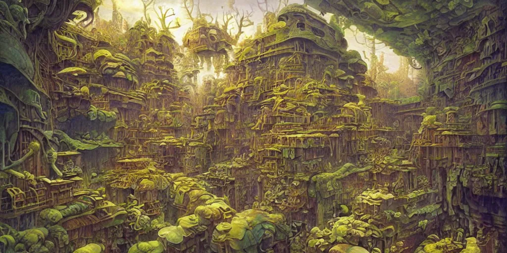 Image similar to a still frame of a floating society by hubert robert and daniel merriam and roger dean and jacek yerka, alex grey style, soft lighting, beautiful, realistic, detailed