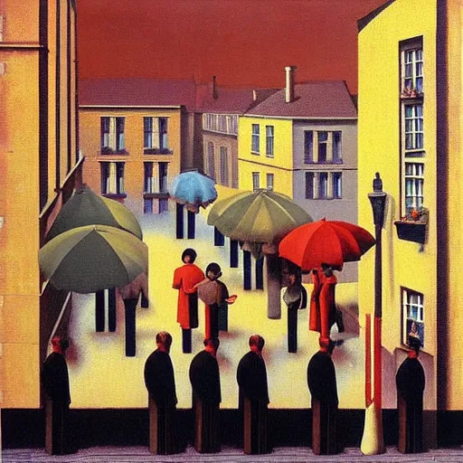 Image similar to people splashing water in city street, sunny, painted by Rene Magritte