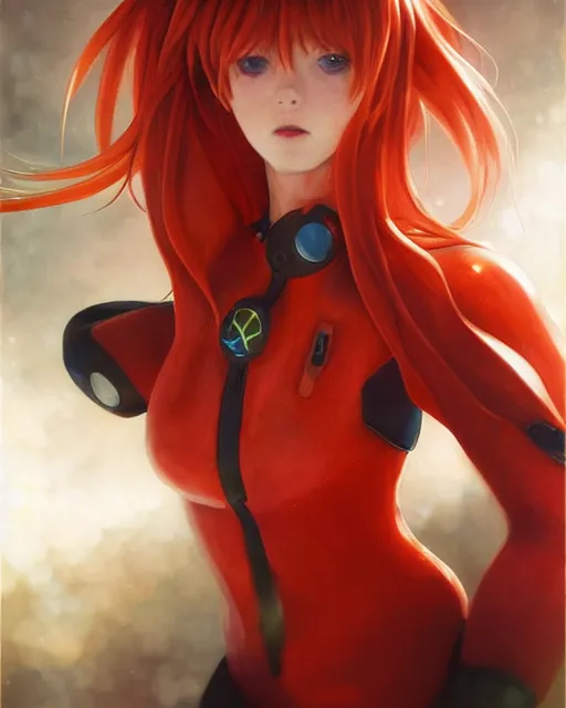 Image similar to asuka langley soryu wearing plugsuit, award winning photograph, radiant flares, realism, lens flare, intricate, various refining methods, micro macro autofocus, evil realm magic painting vibes, hyperrealistic painting by michael komarck - daniel dos santos