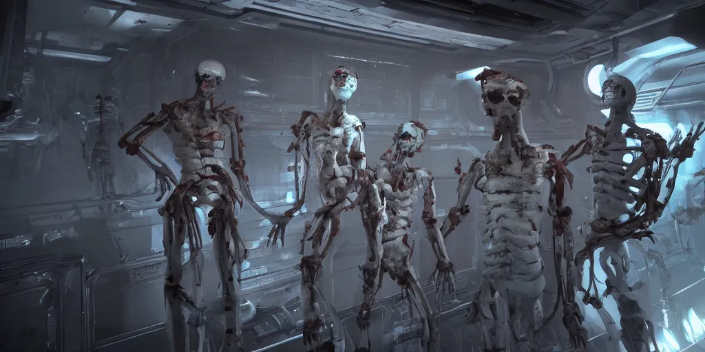 Prompt: dead space necromorph mannequins in a space ship, cinematic still, cinematic lighting, dark palette, realistic, 4 k.