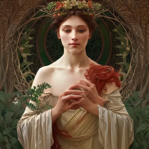 Image similar to portrait of forest god, intricate, elegant, highly detailed, digital painting, artstation, concept art, smooth, sharp focus, illustration, art by artgerm and greg rutkowski and alphonse mucha and william - adolphe bouguereau