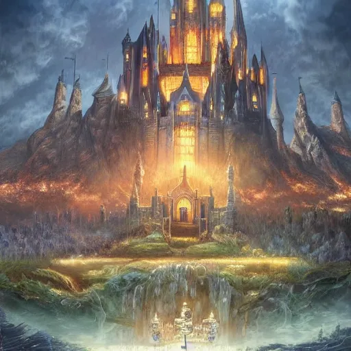 Image similar to Donald trump, perfect fces. | background = fantasy art landscape, fantasy city, fantasy kunst, fantasy castle, fantasy house, architecture mystery, artstation, house illustration