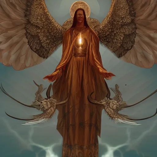 Image similar to giant imposing seraphim with many eyes and many wings, no face, eyes everywhere, hyper realistic, glowing, terrifying, byzantine, artstation