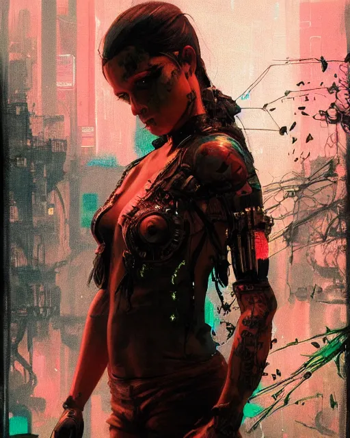 Image similar to altered carbon, detailed portrait young gangster girl cyberpunk futuristic ( ( neon ) ) tattoes, styled hair reflective gauzy fine - spun film jacket, decorated traditional ornaments by carl spitzweg ismail inceoglu dragan bibin hans thoma greg rutkowski alexandros pyromallis nekro illustrated perfect face, fine details, realistic shaded, fine - face, pretty face