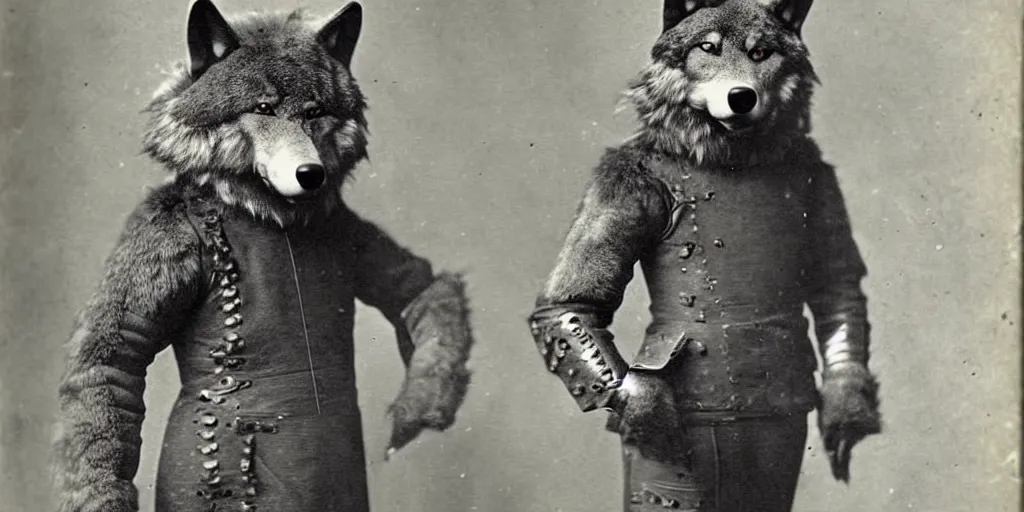 Image similar to anthropomorphic furry wolf in suit of armor, 1900s photograph