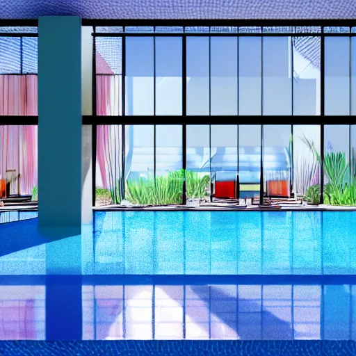 Image similar to a sunlit indoor lounge area with a pool with clear water and another pool with translucent pastel pink water, next to a big window, digital art