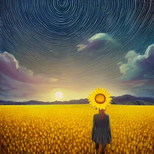 Prompt: giant sunflower face, girl walking in wheat field, hills, surreal photography, dark night, star trails, dramatic light, impressionist painting, clouds, digital painting, artstation, simon stalenhag