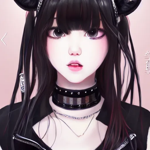 Image similar to realistic beautiful gorgeous natural cute Blackpink Lalisa Manoban black hair cute fur black cat ears, wearing white camisole, headphones, black leather choker artwork drawn full HD 4K highest quality in artstyle by professional artists WLOP, Taejune Kim, Guweiz on Pixiv Artstation