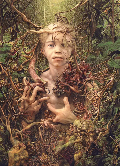 Prompt: realistic detailed image of a small figure of a boy wandering in the deep forest full of creatures and imps by Ayami Kojima, Amano, Karol Bak, Greg Hildebrandt, and Mark Brooks, Neo-Gothic, gothic, rich deep colors. Beksinski painting, part by Adrian Ghenie and Gerhard Richter. art by Takato Yamamoto. masterpiece