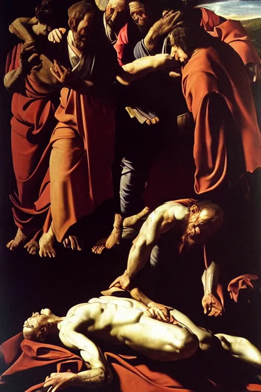 Prompt: a highly realistic oil painting of The Descent from the Cross, vey detailed faces, landscape background, chiaroscuro, by Caravaggio