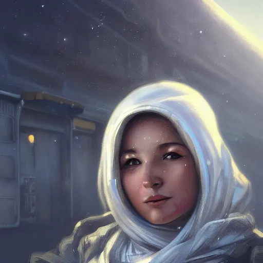 Image similar to A close up futuristic portrait of a babushka on the street of a Russian sleeping quarters on the moon, Norilsk, sci-fi, fantasy, intricate, very very beautiful, elegant, highly detailed, digital painting, artstation, concept art, smooth, sharp focus, illustration, art by artgerm and greg rutkowski and alphonse mucha