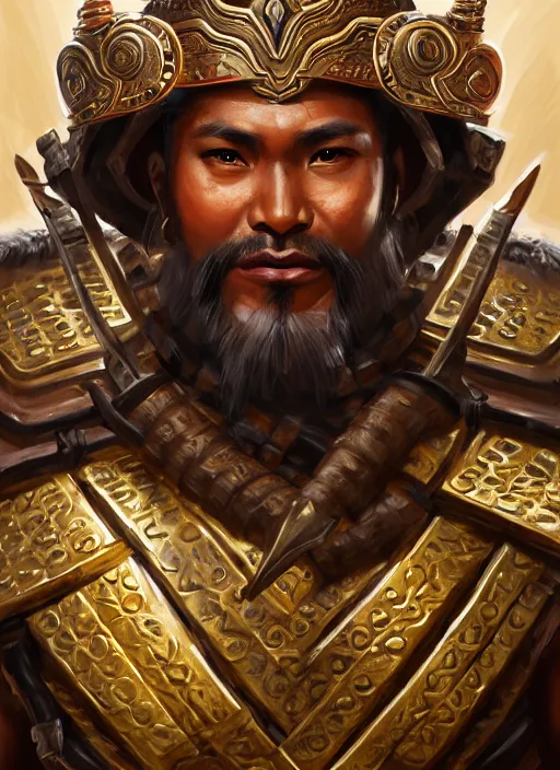 Image similar to smart tai warlord, closeup portrait, historical hero, ethnic group, sukhothai costume, thai bronze headdress, intricate, with leather armor cross on bare chest, elegant, loin cloth, highly detailed, oil painting, artstation, concept art, matte, sharp focus, illustration, hearthstone, art by earl norem
