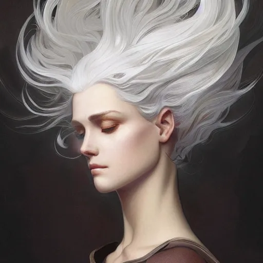 Prompt: god, non-binary, white hair, long hair, intricate, elegant, ethereal, highly detailed, digital painting, artstation, concept art, smooth, sharp focus, illustration, art by artgerm and greg rutkowski and alphonse mucha