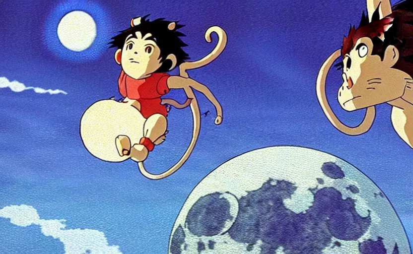 Image similar to a still from a studio ghibli movie of a cartoon monkey from princess mononoke ( 1 9 9 7 ) flying on a magic carpet in front of a pale full moon, full body, wide shot, very dull muted colors, studio ghibli, highly detailed, deviantart, art by artgem