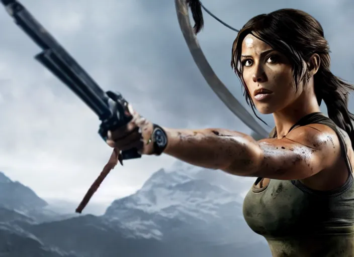 Image similar to film still of!!!! chloe bennett!!! as lara croft in new tomb raider movie, 8 k