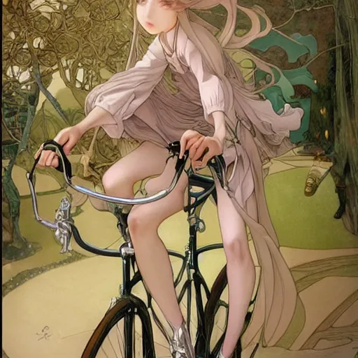 Prompt: A girl on a bicycle , Long, flowing hair by Range Murata and mucha ,full shot,