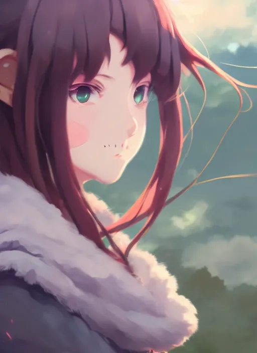 Image similar to portrait of cute catgirl, cloudy sky background lush landscape illustration concept art anime key visual trending pixiv fanbox by wlop and greg rutkowski and makoto shinkai and studio ghibli